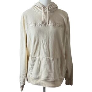 Abercrombie & Fitch Logo Hoodie‎ Women’s M Cream Embossed Fleece Pullover